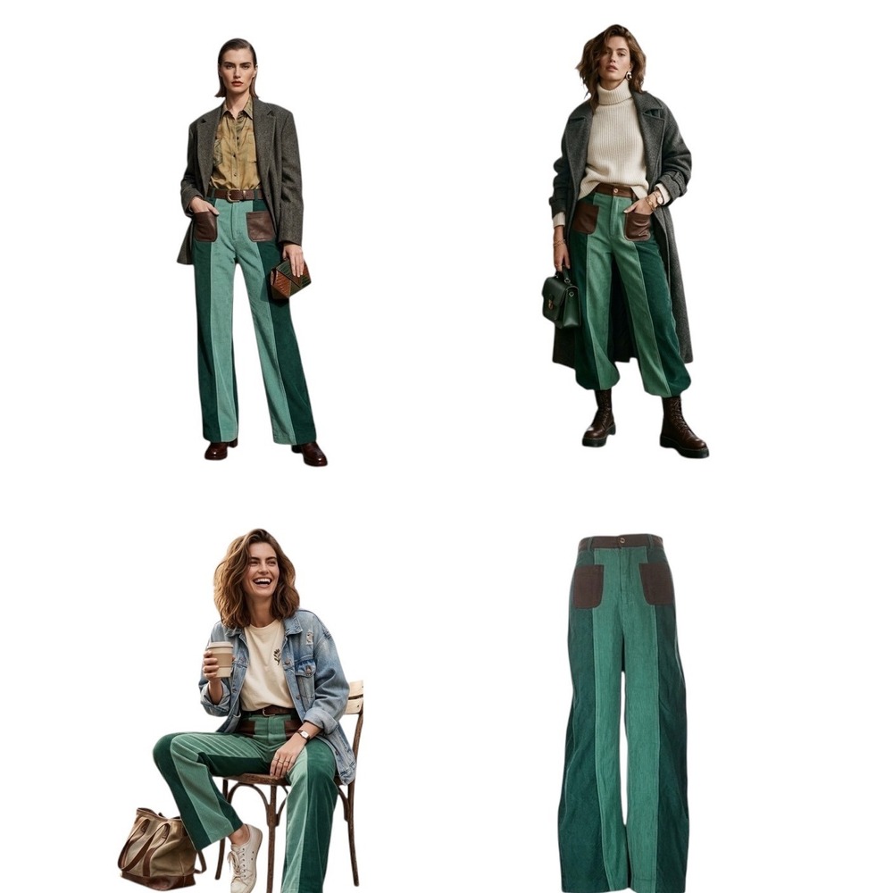 Sveti Stefan Green Colorblock Corduroy Wide Leg High Rise Trousers Size US 4 - Picture 4 of 10